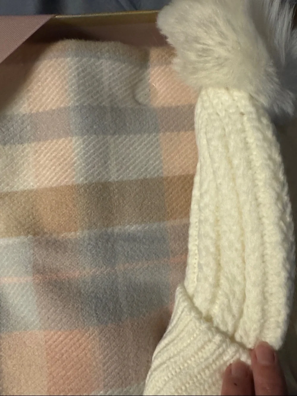 Vince Camuto White Beanie and Pastel Plaid Scarf Set
